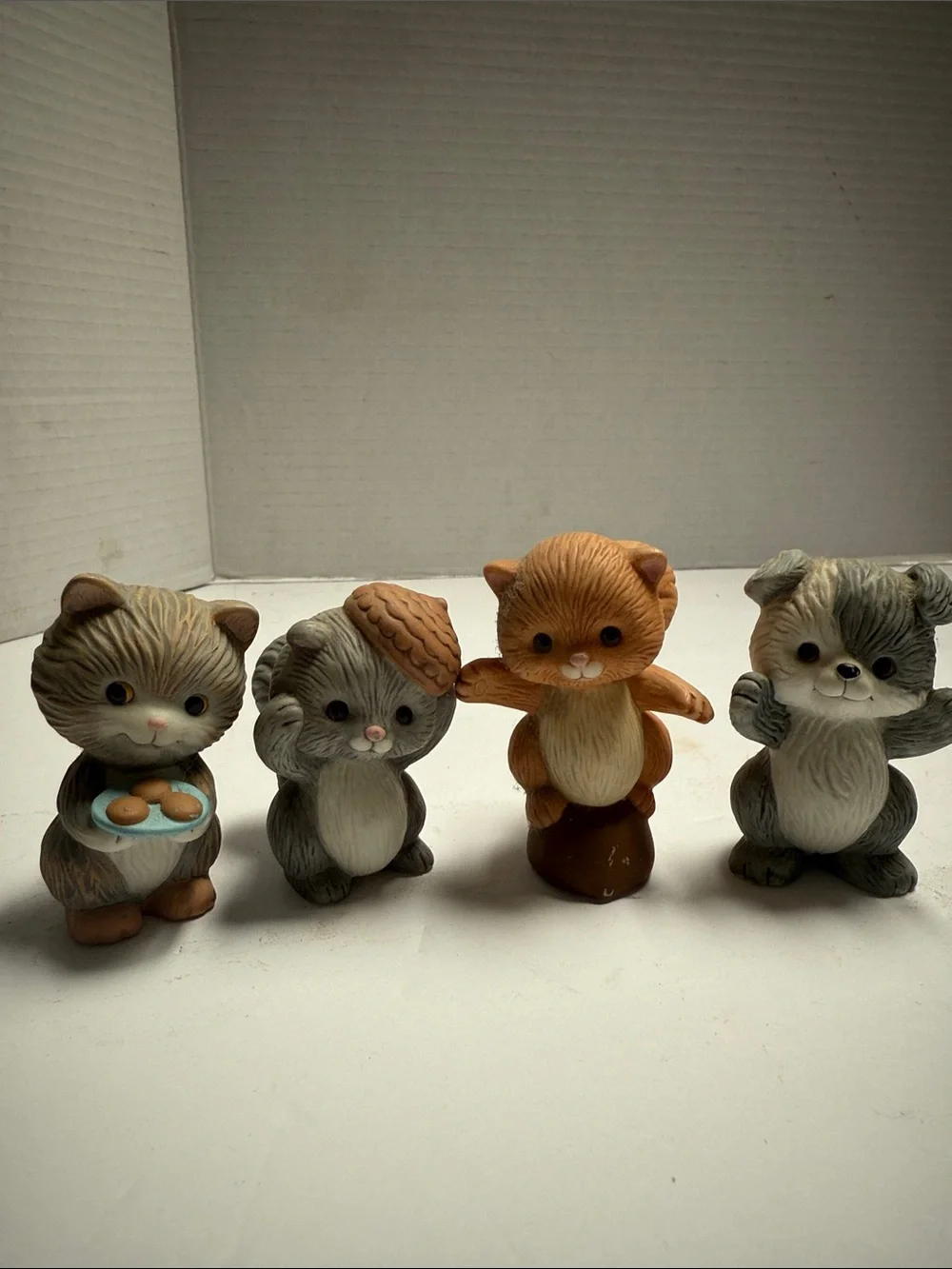 Set of 4 Small Ceramic Cat Figurines in Gray & Brown